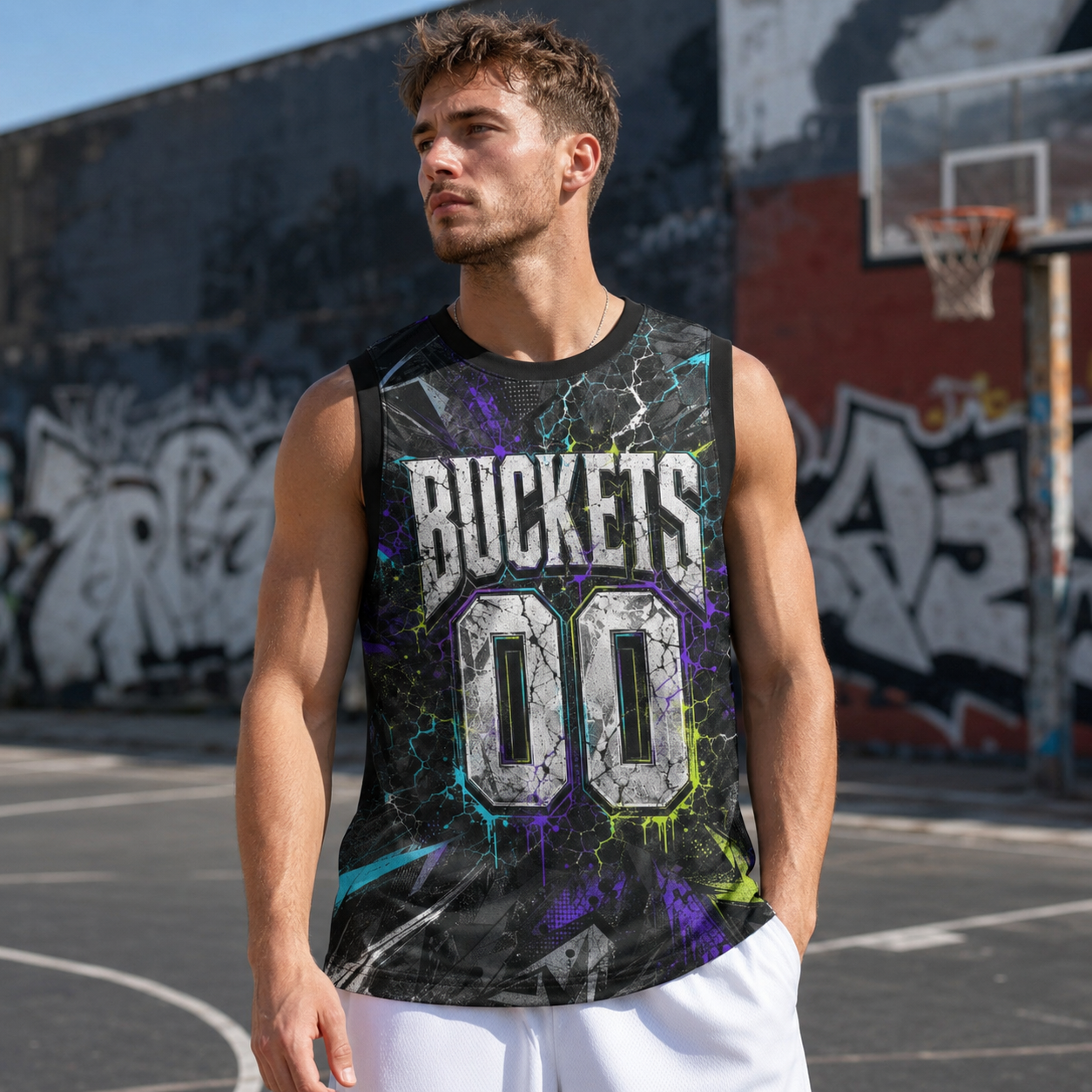 HoopToon "BUCKETS 00" Gritty Cyber-Lightning All-Over Print Basketball Jersey