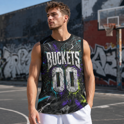 HoopToon "BUCKETS 00" Gritty Cyber-Lightning All-Over Print Basketball Jersey