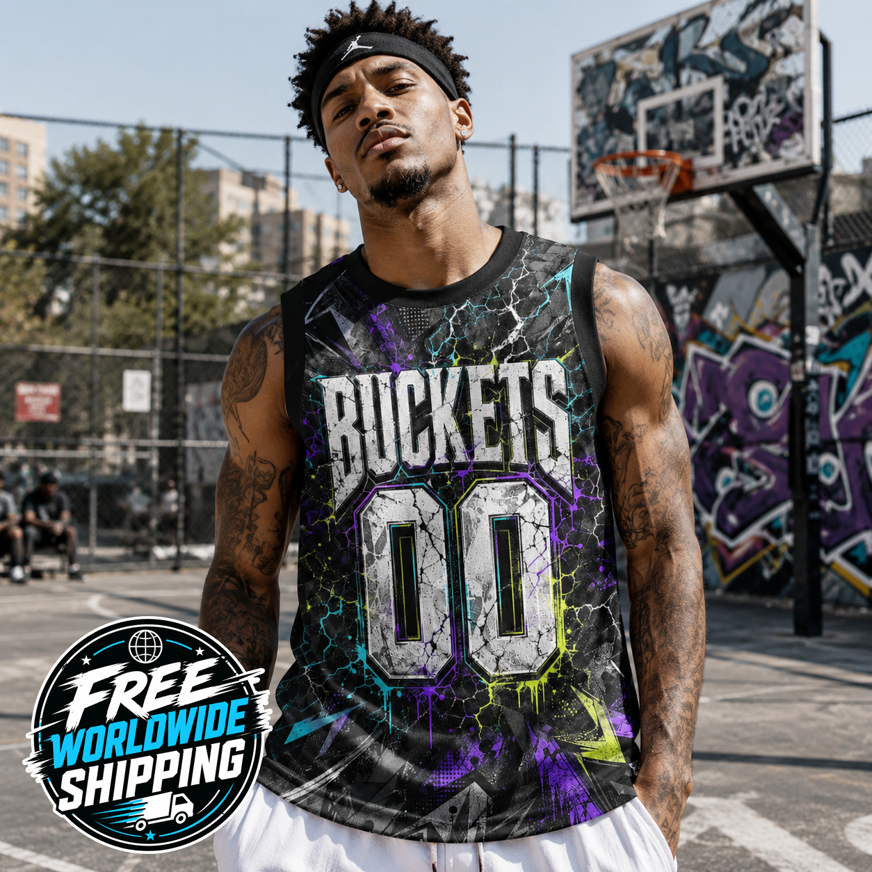 HoopToon "BUCKETS 00" Gritty Cyber-Lightning All-Over Print Basketball Jersey