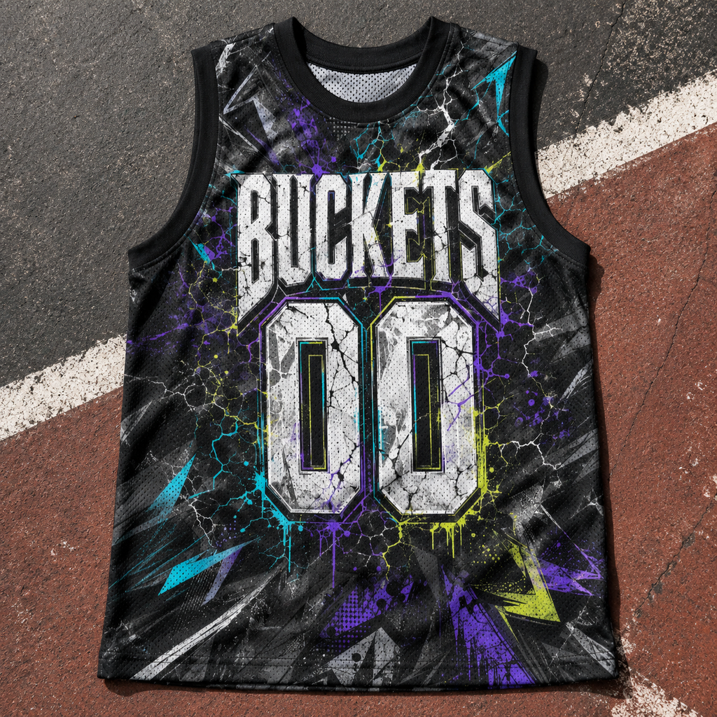 HoopToon "BUCKETS 00" Gritty Cyber-Lightning All-Over Print Basketball Jersey