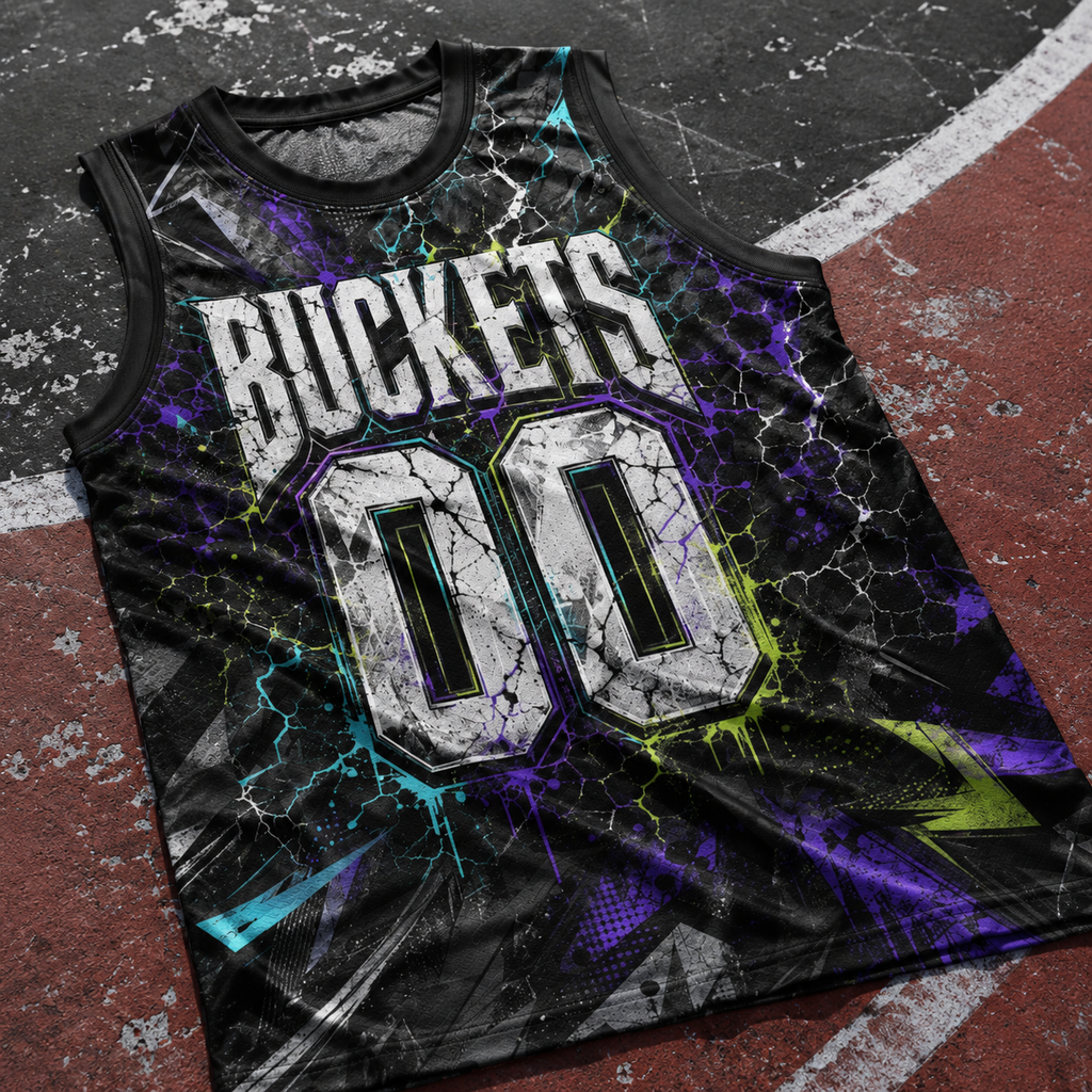 HoopToon "BUCKETS 00" Gritty Cyber-Lightning All-Over Print Basketball Jersey