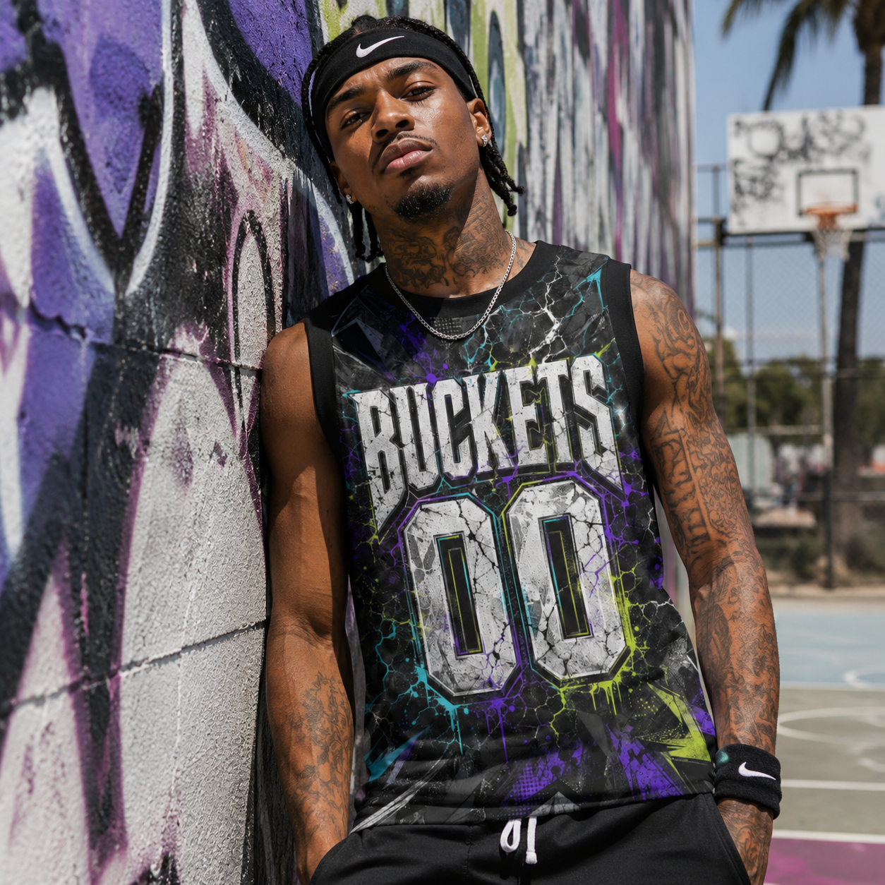 HoopToon "BUCKETS 00" Gritty Cyber-Lightning All-Over Print Basketball Jersey