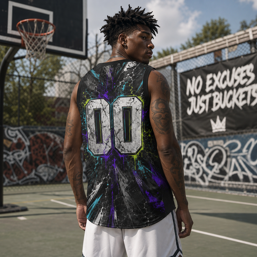 HoopToon "BUCKETS 00" Gritty Cyber-Lightning All-Over Print Basketball Jersey